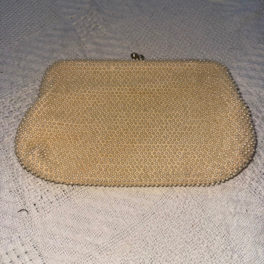 Vintage Goldcrest Beaded Clutch Bag Cream Faux Pearl Evening Purse Kiss Lock